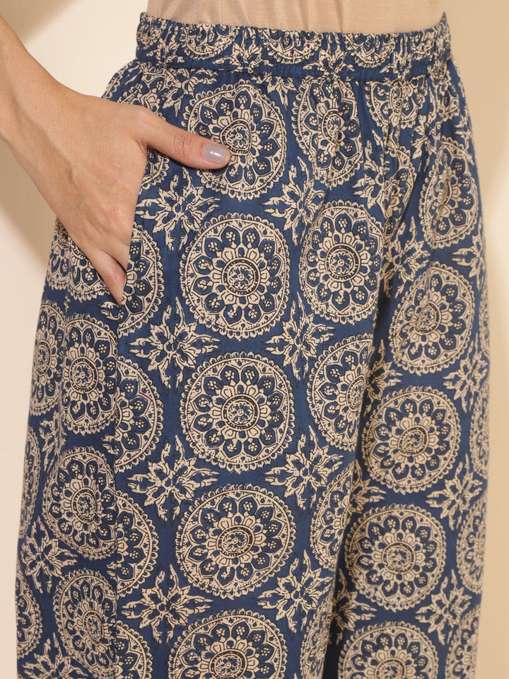 Blue Cotton Ethnic Motifs Tunic with Palazzo  - By Janasya