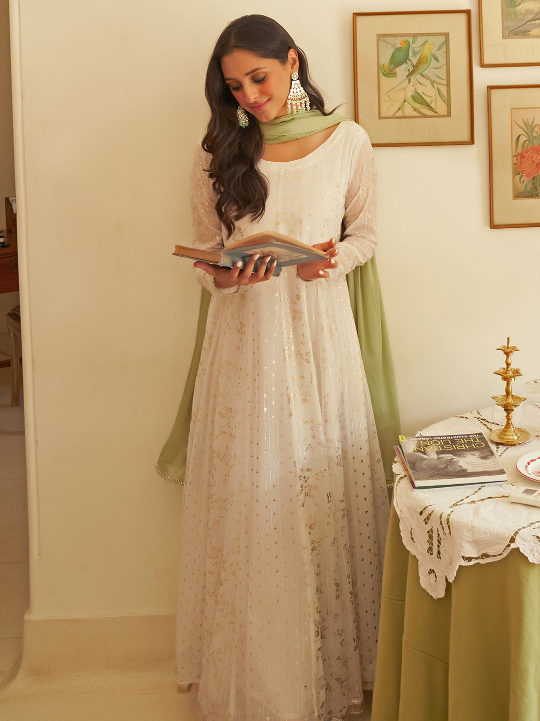 White Chiffon Lurex Foil Printed Kurta and Dupatta  - By Janasya