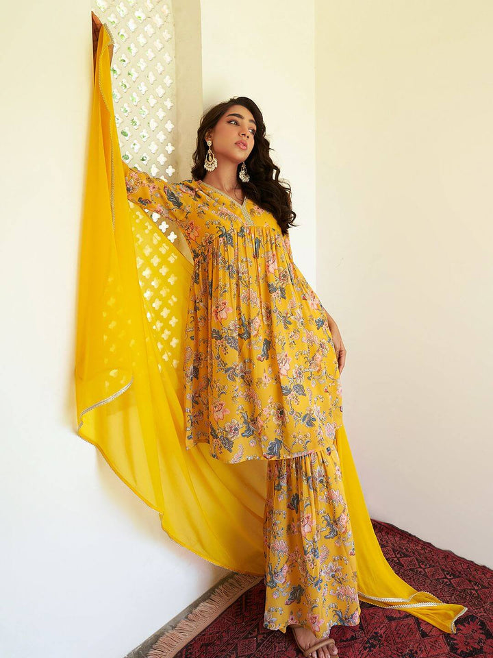 Yellow Georgette Digital Floral Printed Kurta Sharara Set  - By Janasya