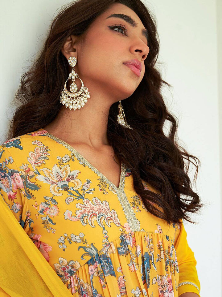 Yellow Georgette Digital Floral Printed Kurta Sharara Set  - By Janasya