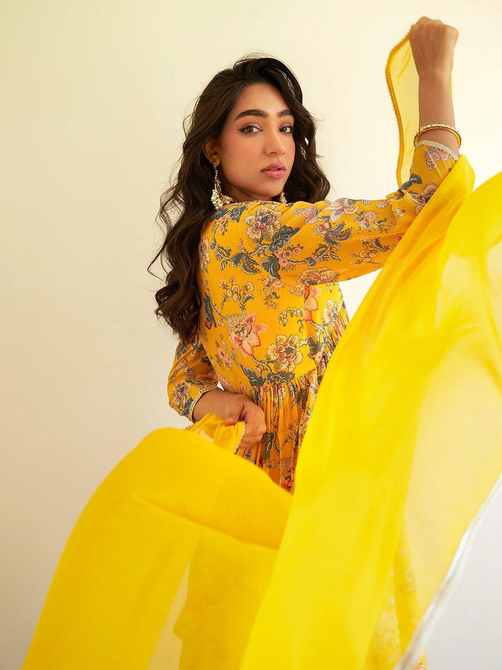 Yellow Georgette Digital Floral Printed Kurta Sharara Set  - By Janasya