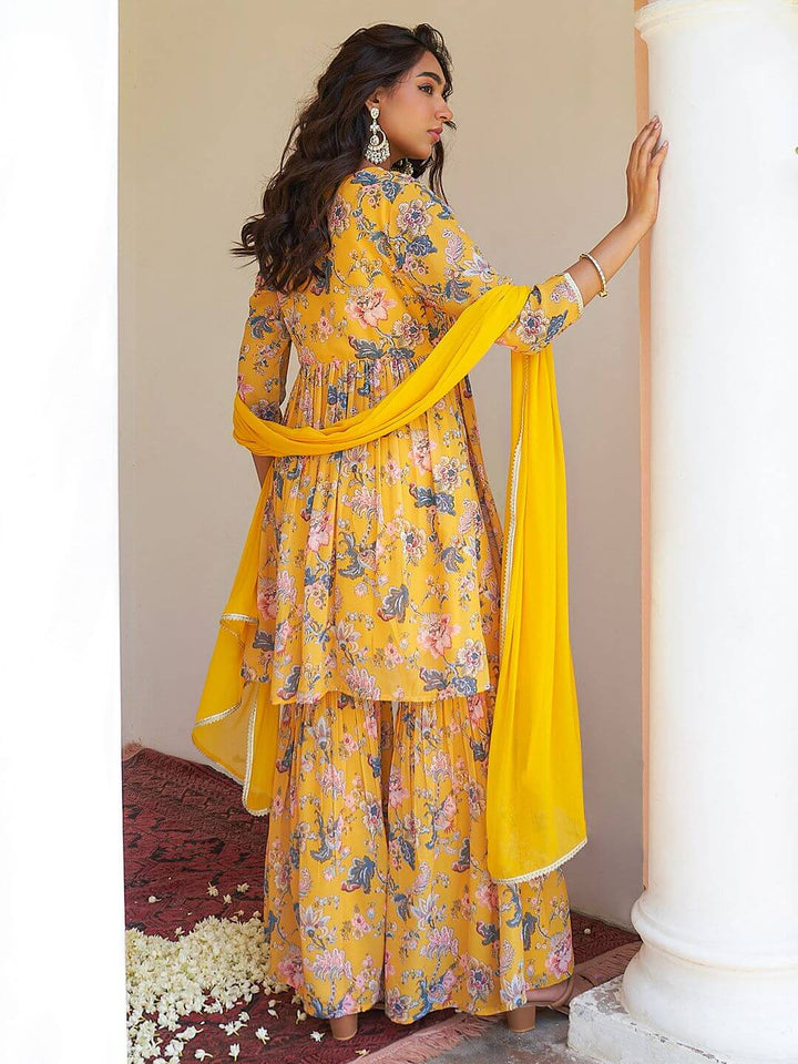 Yellow Georgette Digital Floral Printed Kurta Sharara Set  - By Janasya