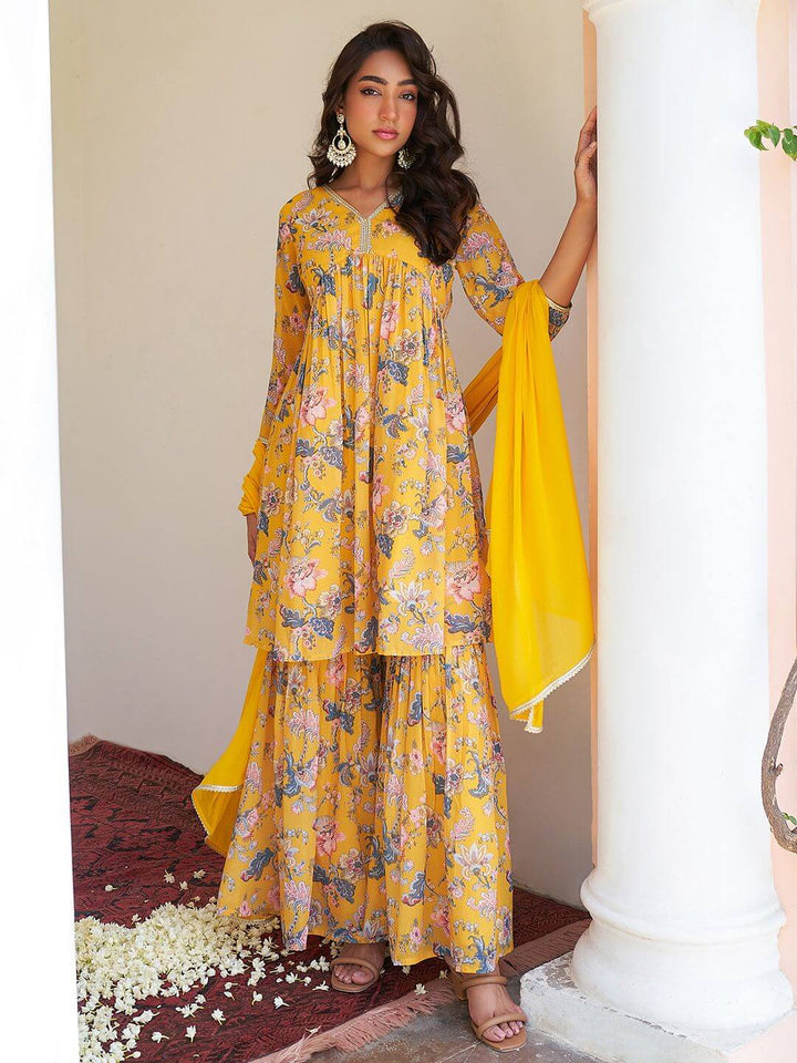 Yellow Georgette Digital Floral Printed Kurta Sharara Set  - By Janasya