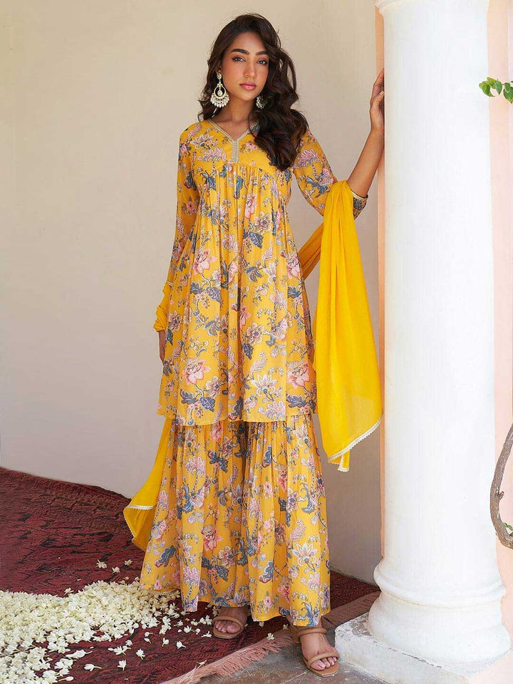 Yellow Georgette Digital Floral Printed Kurta Sharara Set  - By Janasya