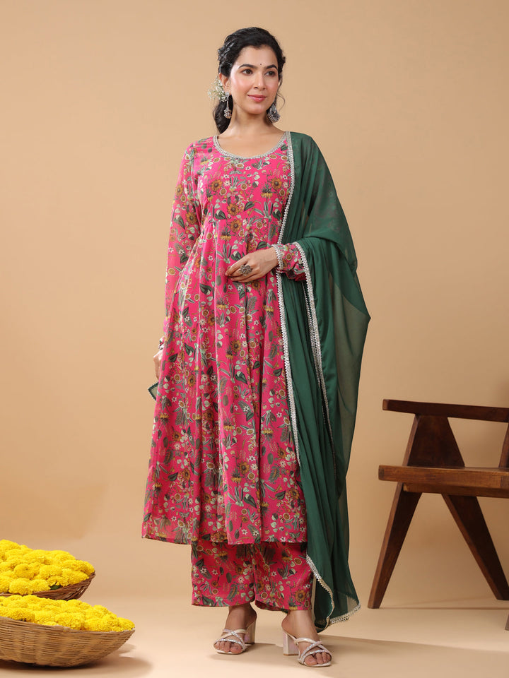 Pink Georgette Digital Print Kurta Palazzo Set  - By Janasya