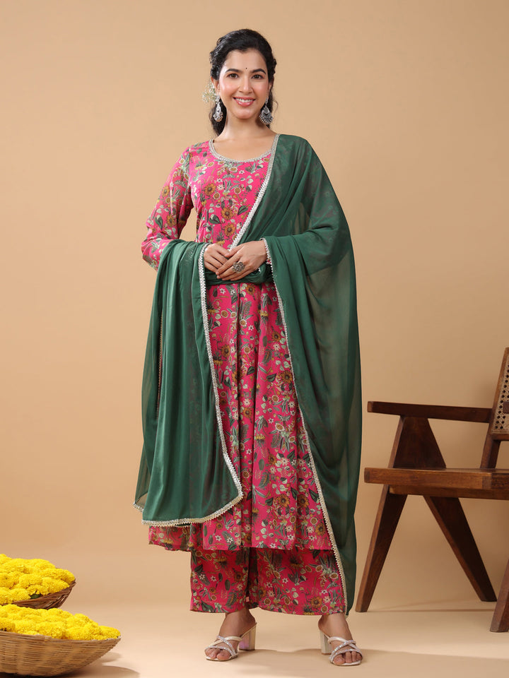 Pink Georgette Digital Floral Print Kurta Palazzo Set  - By Janasya