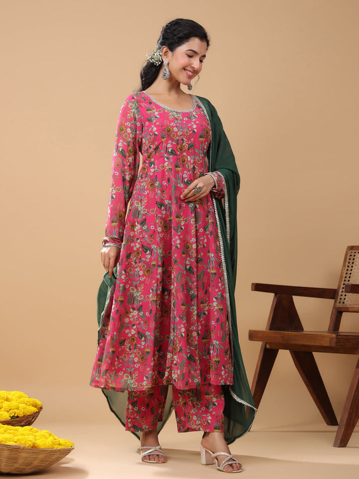 Pink Georgette Digital Floral Print Kurta Palazzo Set  - By Janasya