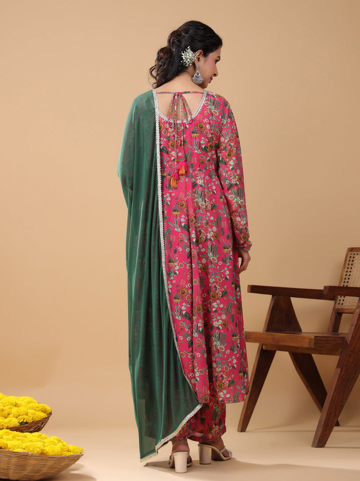 Pink Georgette Digital Floral Print Kurta Palazzo Set  - By Janasya