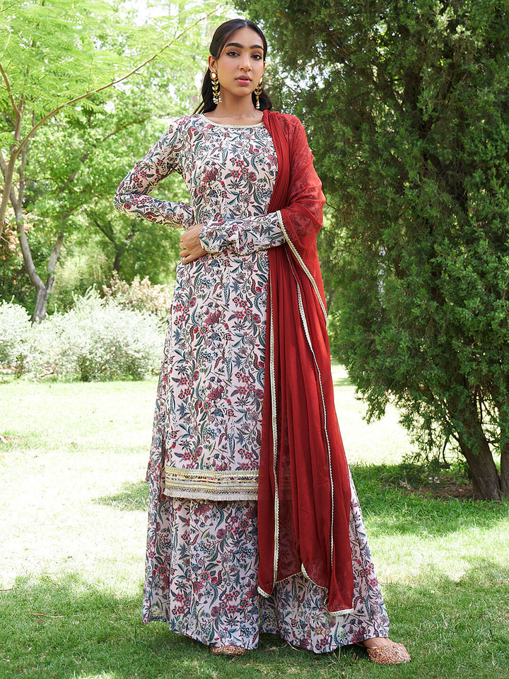 Beige Georgette Printed Floral Kurta Palazzo Set  - By Janasya