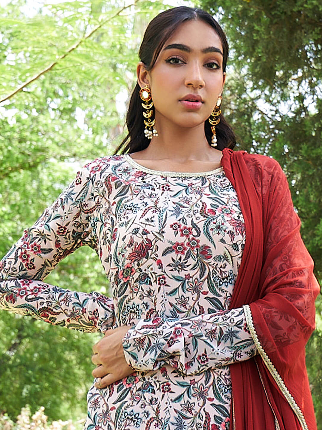 Beige Georgette Printed Floral Kurta Palazzo Set  - By Janasya