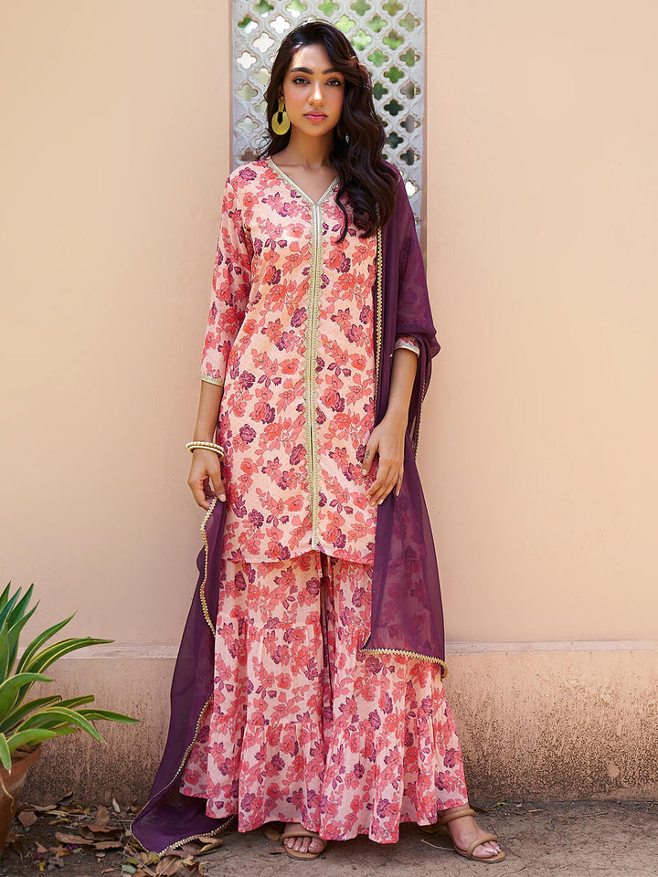 Peach Digital Printed Kurta Sharara Set  - By Janasya