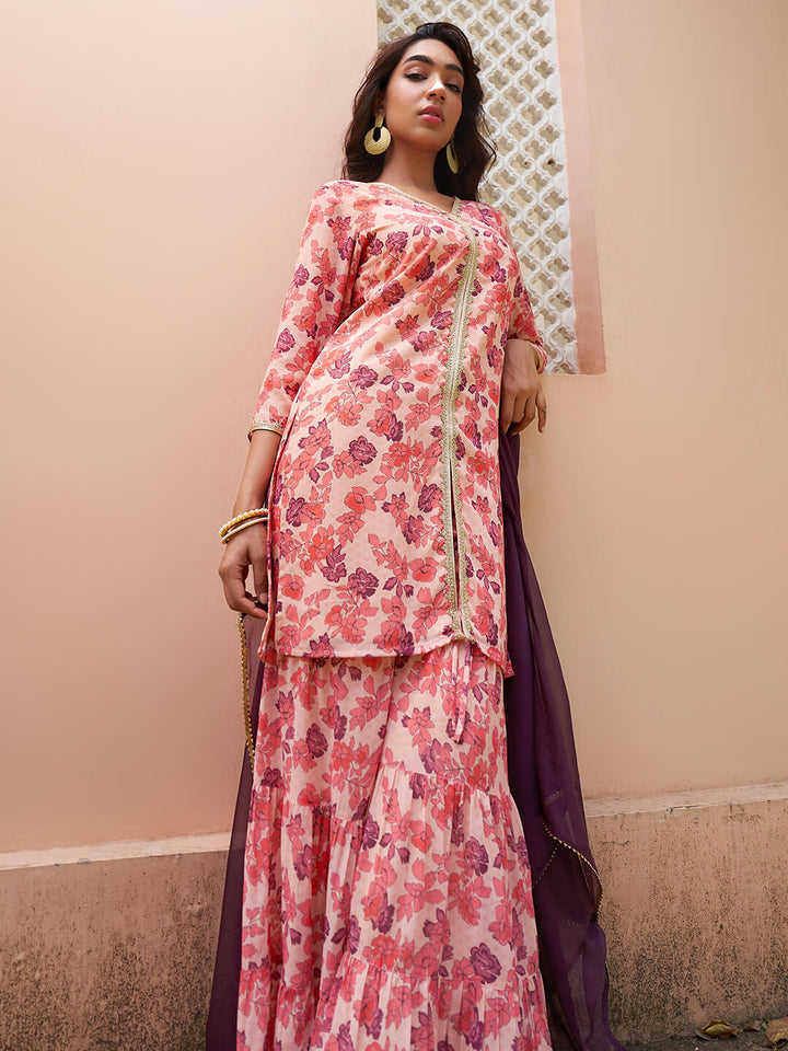 Peach Digital Printed Kurta Sharara Set  - By Janasya