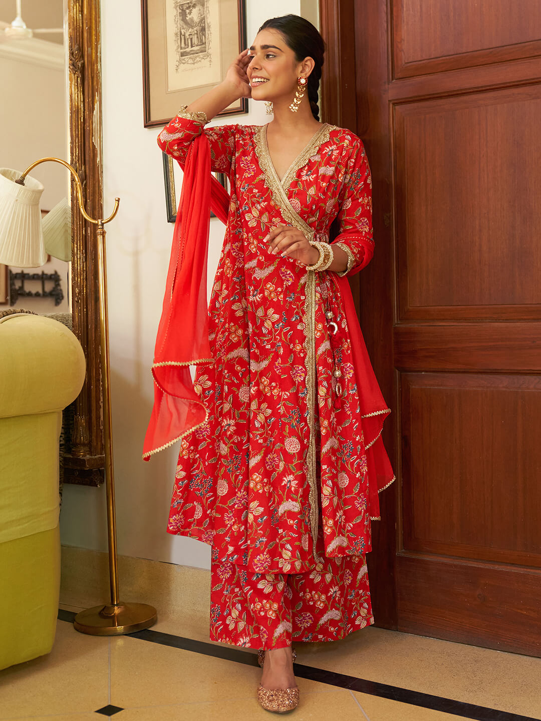 Red Cotton Floral Printed Kurta with Palazzo and Dupatta  - By Janasya