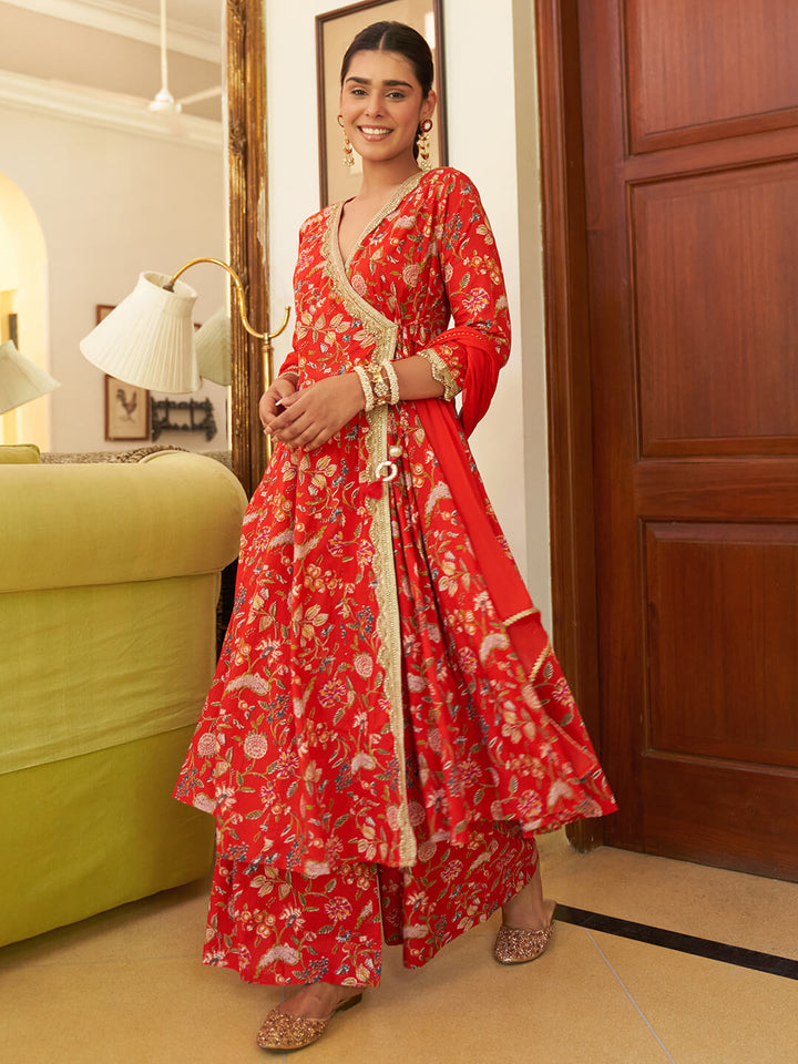 Red Cotton Floral Printed Kurta with Palazzo and Dupatta  - By Janasya