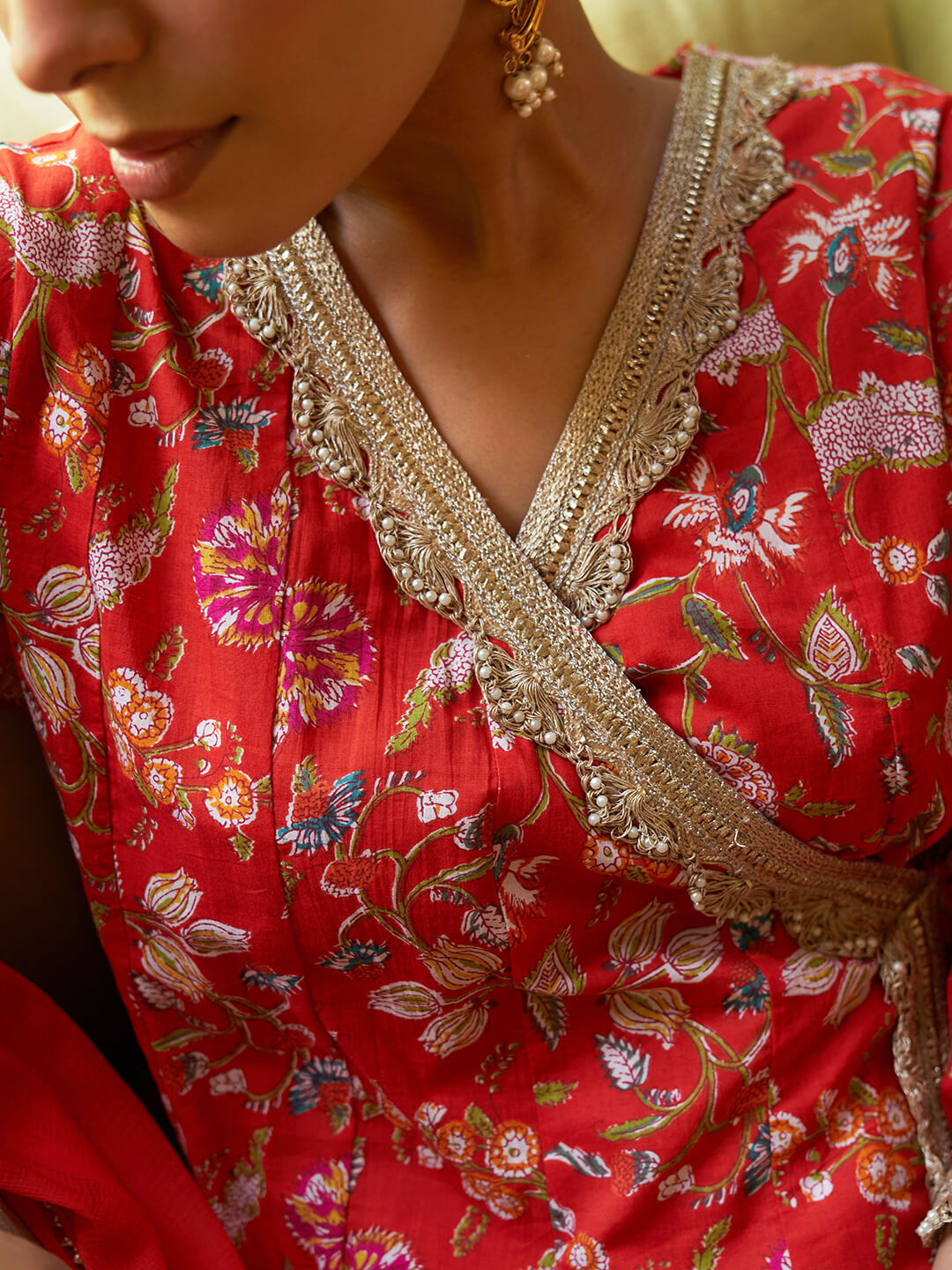 Red Cotton Floral Printed Kurta with Palazzo and Dupatta  - By Janasya