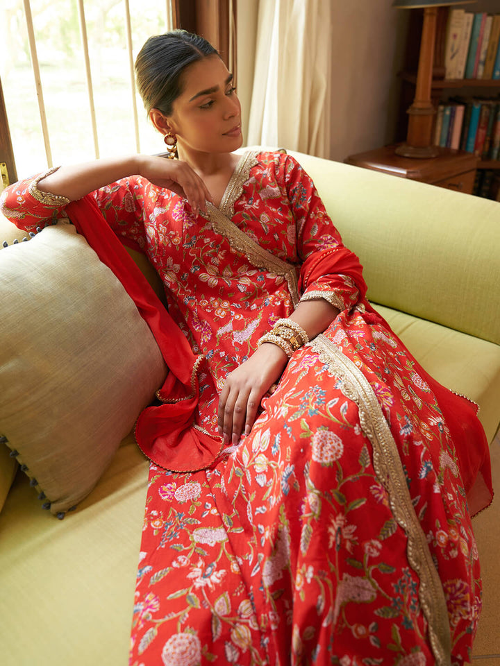 Red Cotton Floral Printed Kurta with Palazzo and Dupatta  - By Janasya