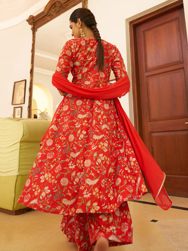 Red Cotton Floral Printed Kurta with Palazzo and Dupatta  - By Janasya