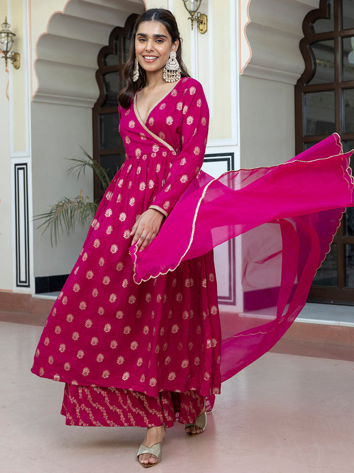 Pink Brocade Woven Design Kurta with Palazzo and Dupatta  - By Janasya