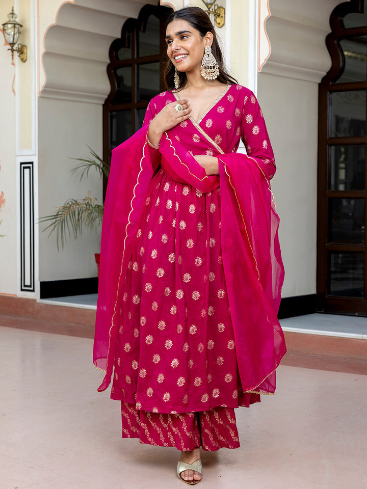 Pink Brocade Woven Design Kurta with Palazzo and Dupatta  - By Janasya