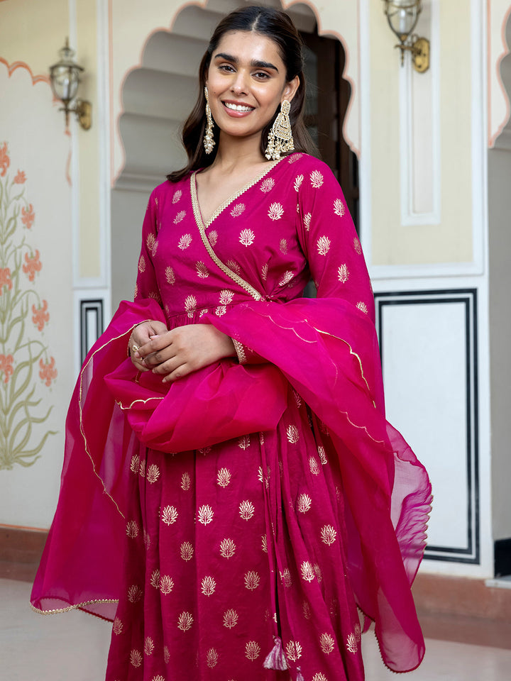 Pink Brocade Woven Design Kurta with Palazzo and Dupatta  - By Janasya