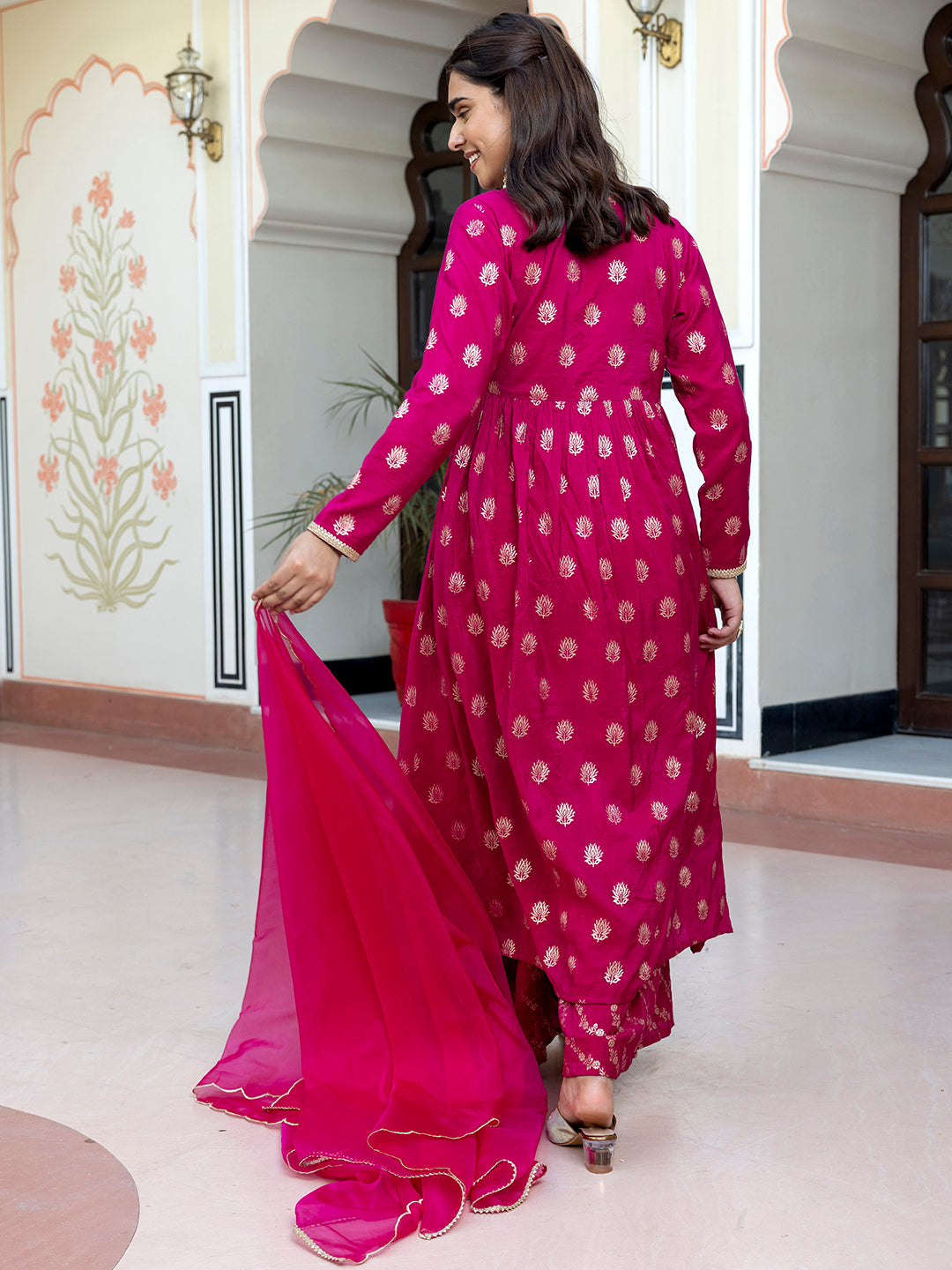 Pink Brocade Woven Design Kurta with Palazzo and Dupatta  - By Janasya