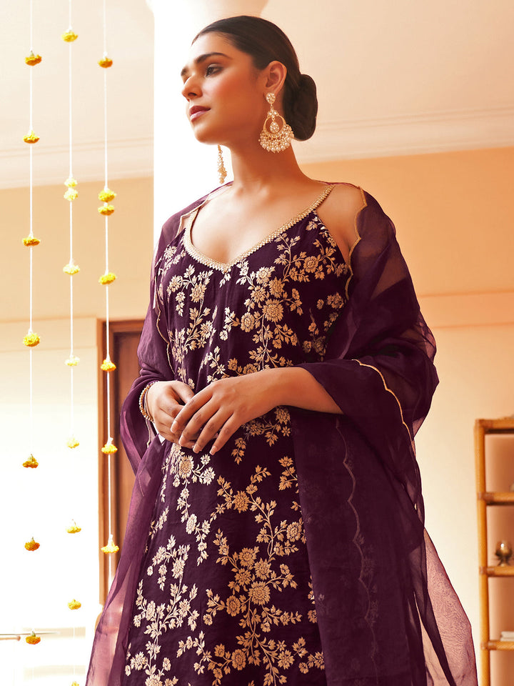 Purple Brocade Woven Design Kurta with Palazzo and Dupatta  - By Janasya