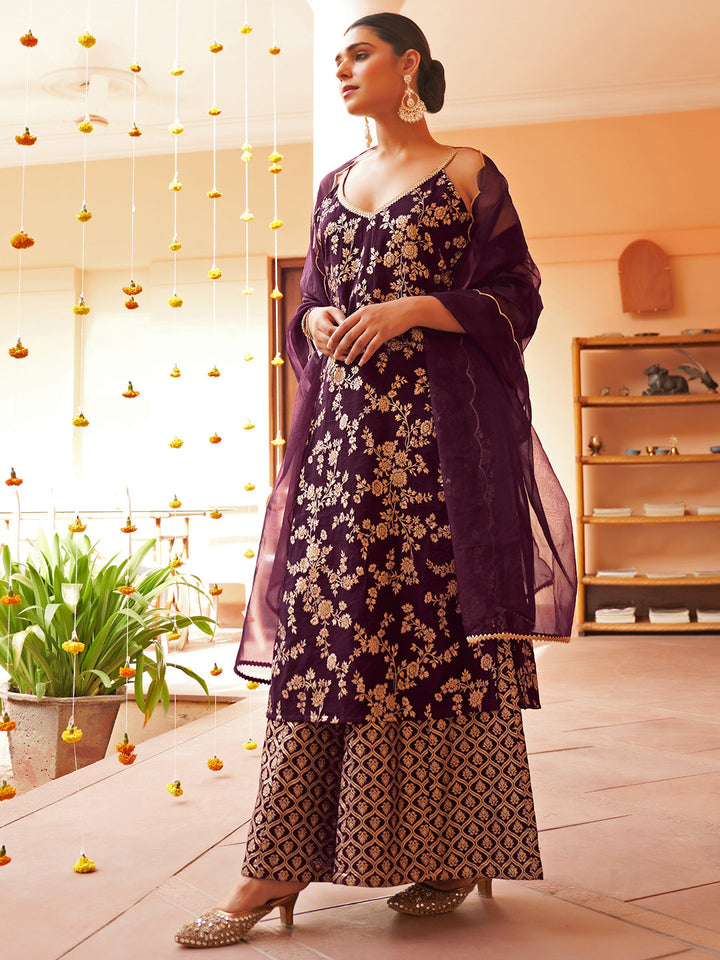 Purple Brocade Woven Design Kurta with Palazzo and Dupatta  - By Janasya