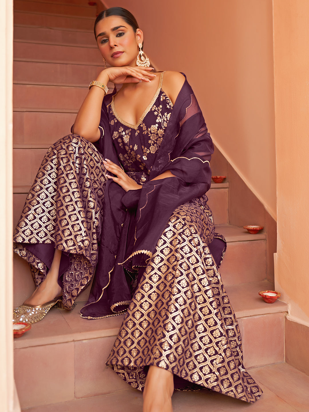 Purple Brocade Woven Design Kurta with Palazzo and Dupatta  - By Janasya