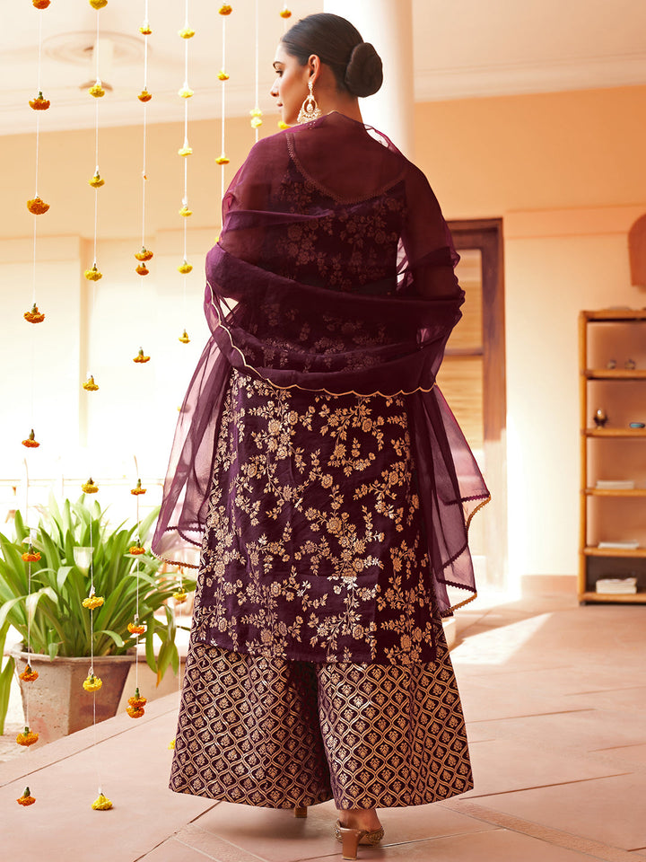 Purple Brocade Woven Design Kurta with Palazzo and Dupatta  - By Janasya