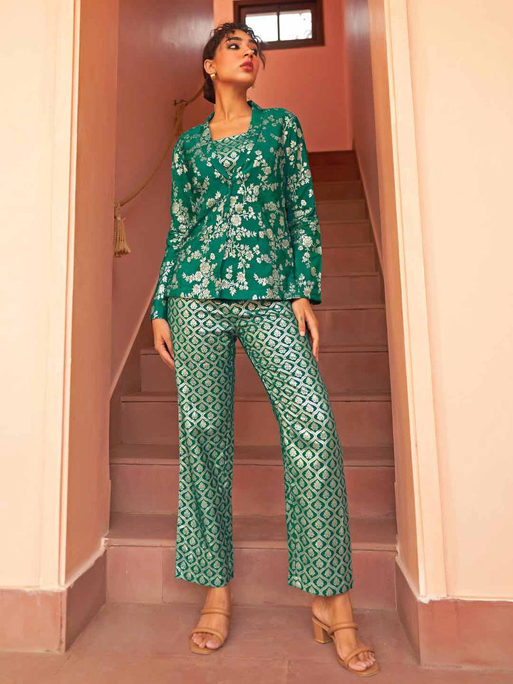 Rama Green Brocade Woven Design Co-Ord Set  - By Janasya