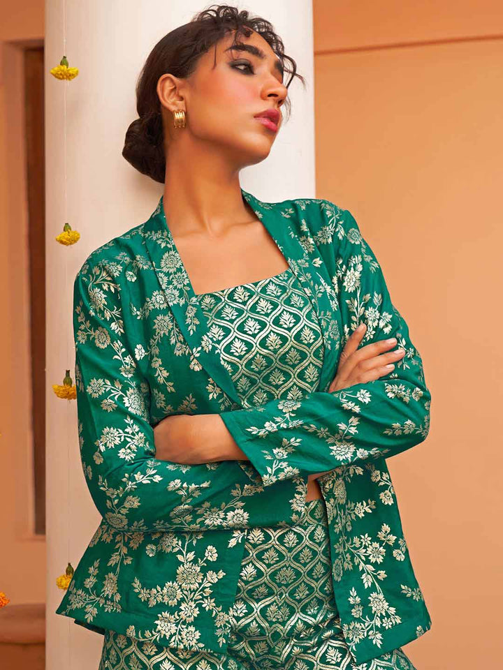 Rama Green Brocade Woven Design Co-Ord Set  - By Janasya