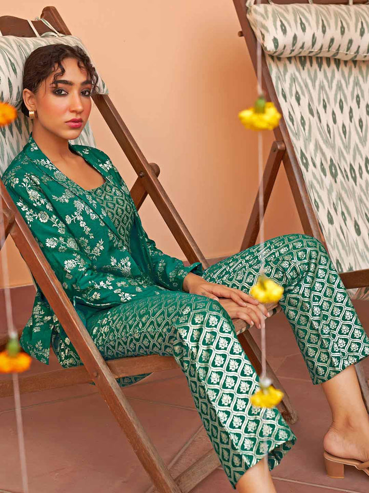 Rama Green Brocade Woven Design Co-Ord Set  - By Janasya