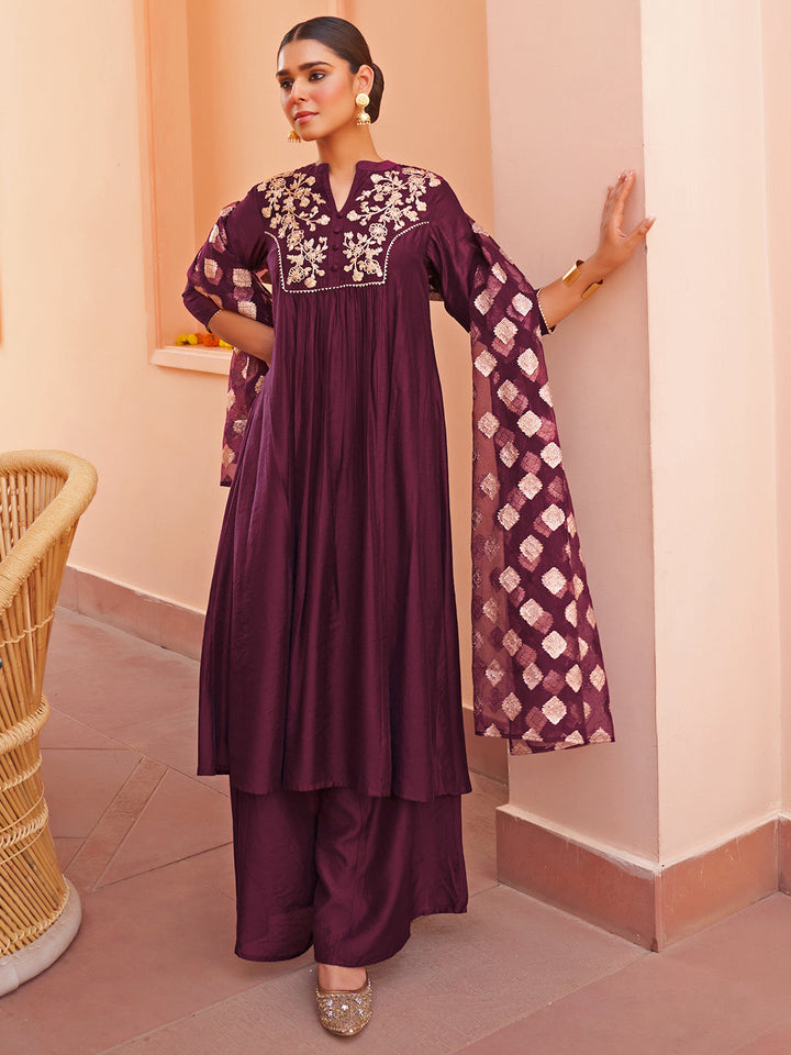 Purple Chanderi Embellished Kurta with Palazzo and Dupatta  - By Janasya