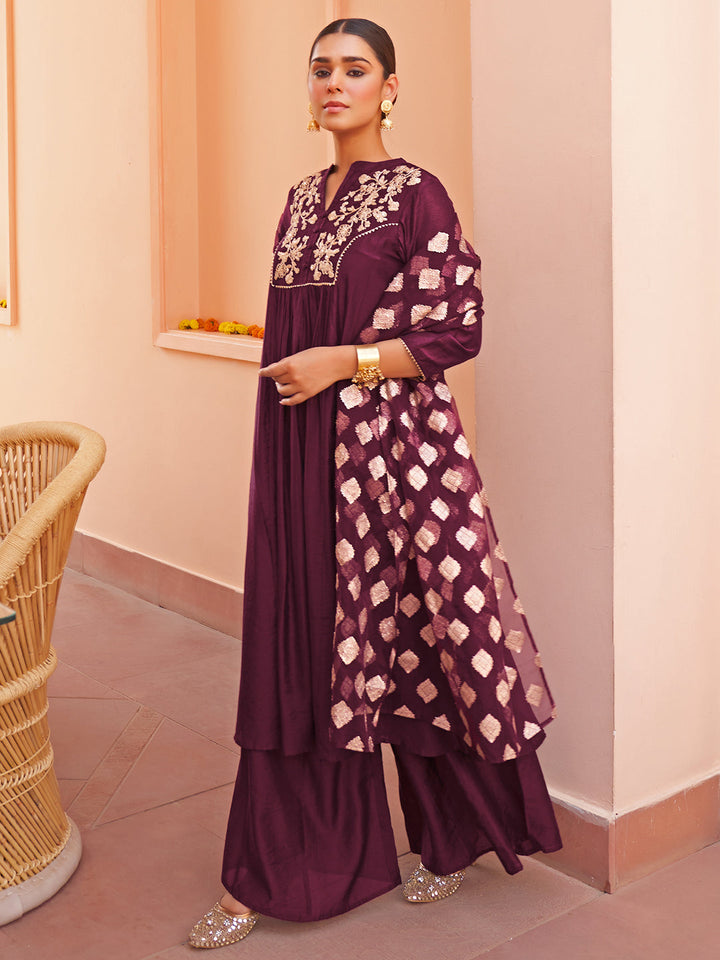 Purple Chanderi Embellished Kurta with Palazzo and Dupatta  - By Janasya