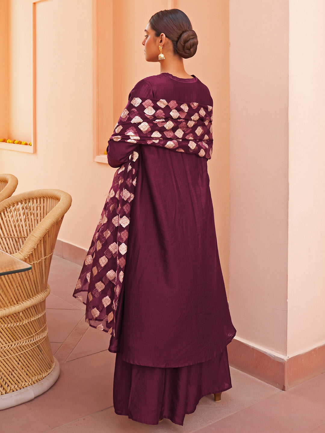 Purple Chanderi Embellished Kurta with Palazzo and Dupatta  - By Janasya