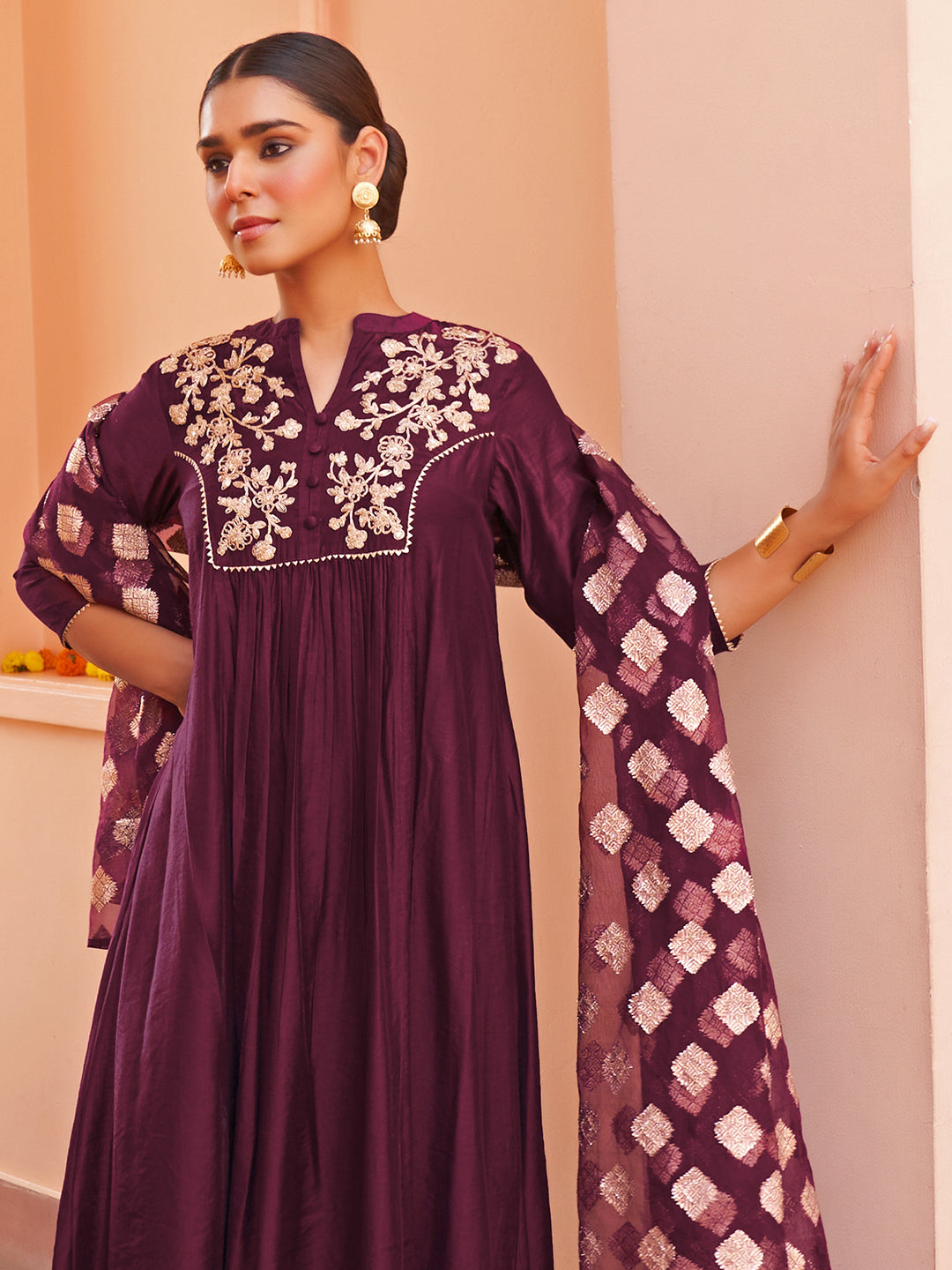 Purple Chanderi Embellished Kurta with Palazzo and Dupatta  - By Janasya