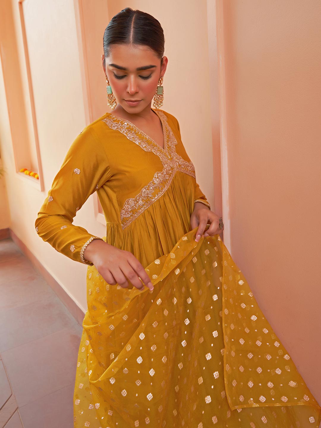 Mustard Chanderi Embellished Kurta with Palazzo and Dupatta  - By Janasya