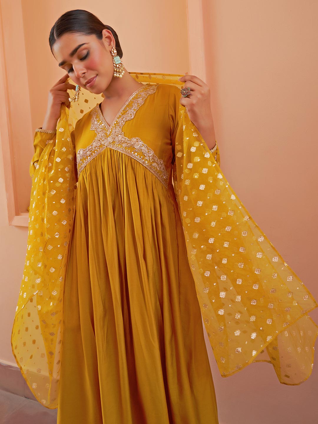 Mustard Chanderi Embellished Kurta with Palazzo and Dupatta  - By Janasya