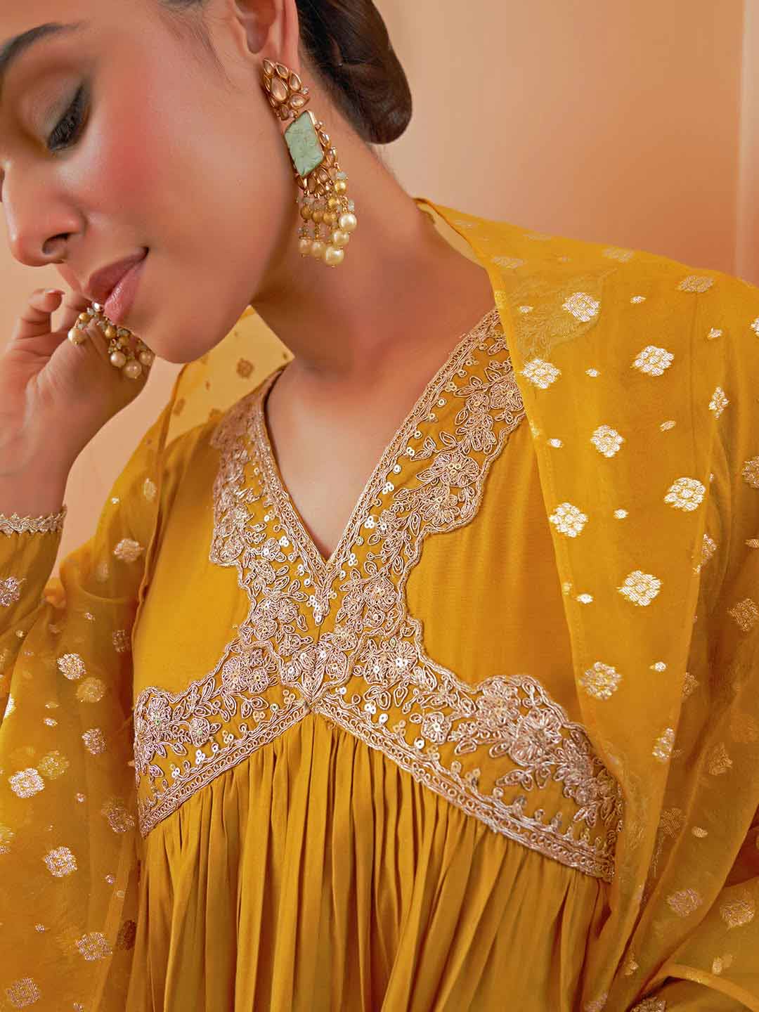 Mustard Chanderi Embellished Kurta with Palazzo and Dupatta  - By Janasya