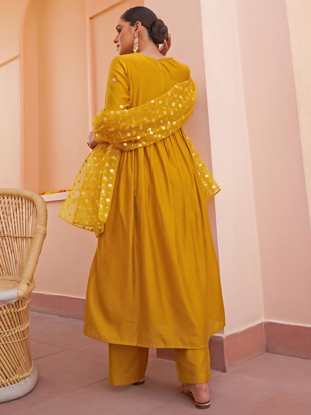 Mustard Chanderi Embellished Kurta with Palazzo and Dupatta  - By Janasya