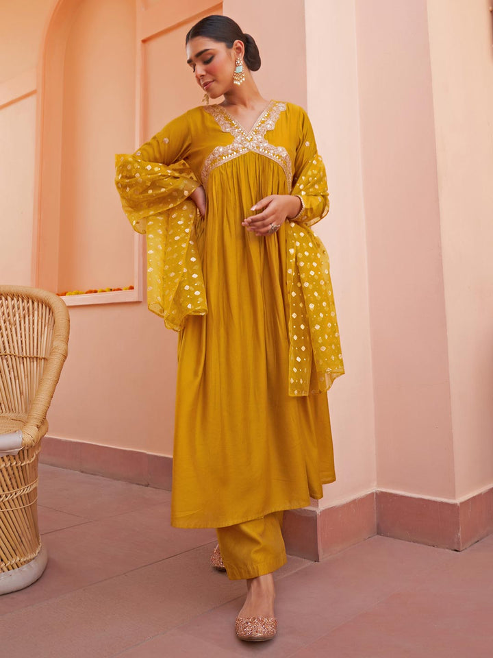 Mustard Chanderi Embellished Kurta with Palazzo and Dupatta  - By Janasya