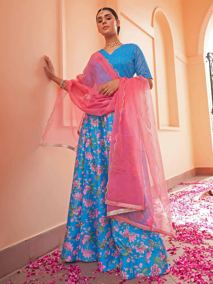 Blue Crepe Silk Digital Floral Printed Lehenga Choli With Dupatta  - By Janasya