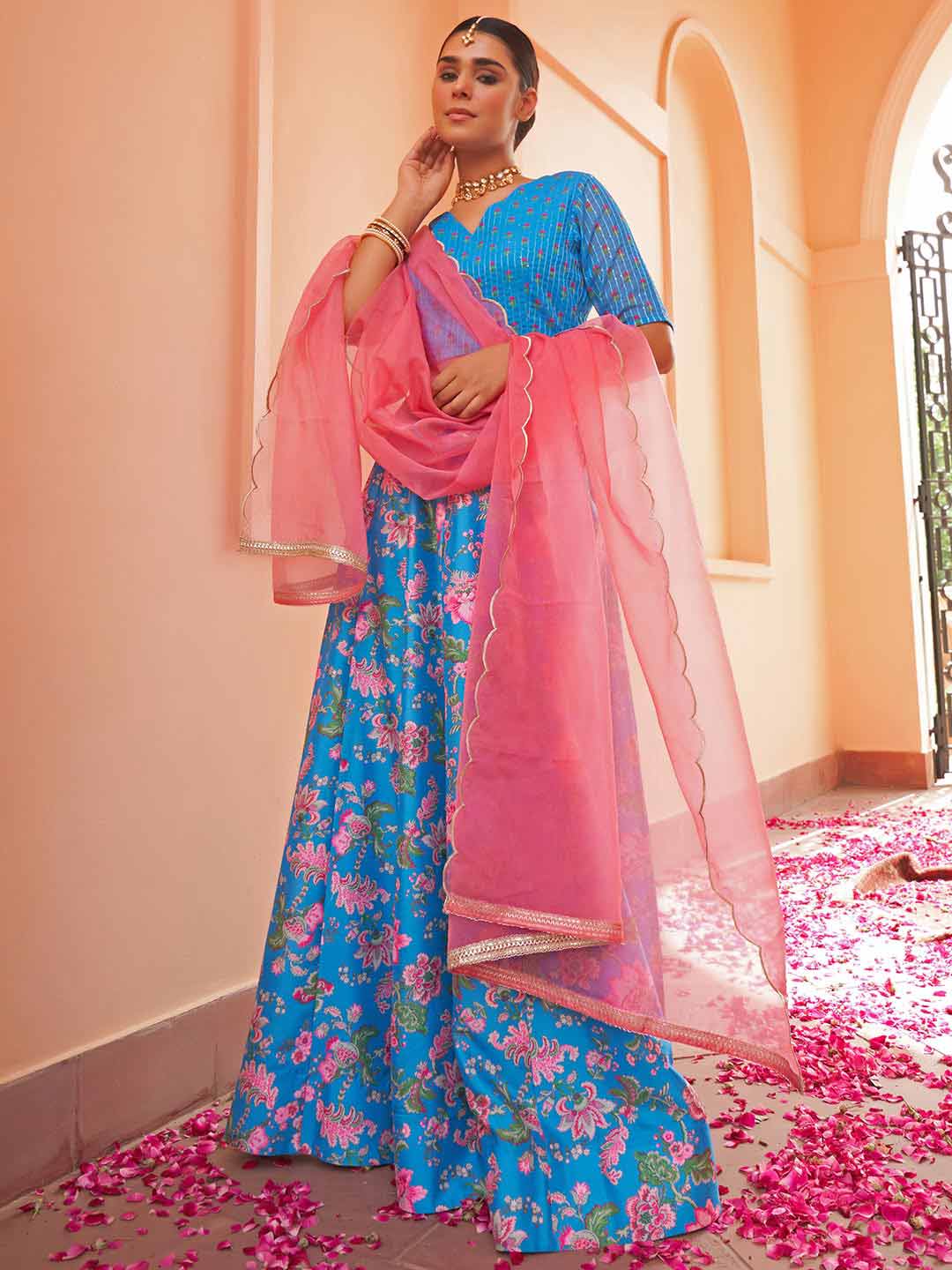 Blue Crepe Silk Digital Floral Printed Lehenga Choli With Dupatta  - By Janasya