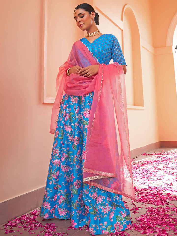 Blue Crepe Silk Digital Floral Printed Lehenga Choli With Dupatta  - By Janasya