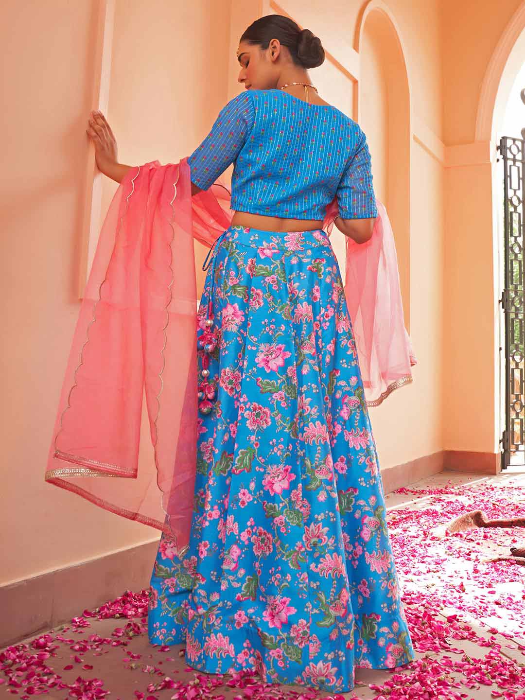 Blue Crepe Silk Digital Floral Printed Lehenga Choli With Dupatta  - By Janasya