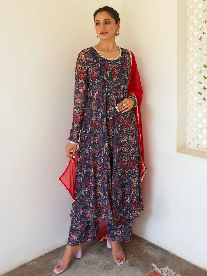 Blue Georgette Digital Floral Print Kurta Palazzo Set  - By Janasya