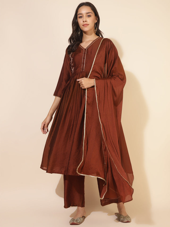 Brown Chanderi Embellished Kurta Palazzo Set  - By Janasya