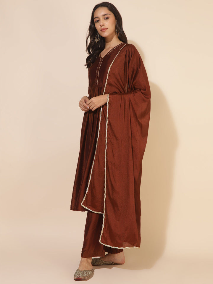 Brown Chanderi Embellished Kurta Palazzo Set  - By Janasya