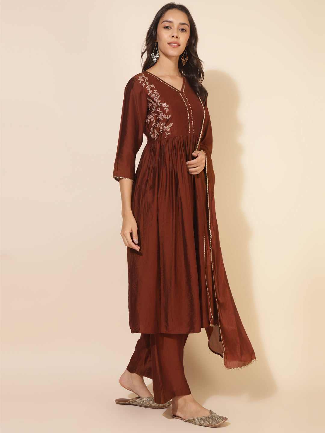 Brown Chanderi Embellished Kurta Palazzo Set  - By Janasya