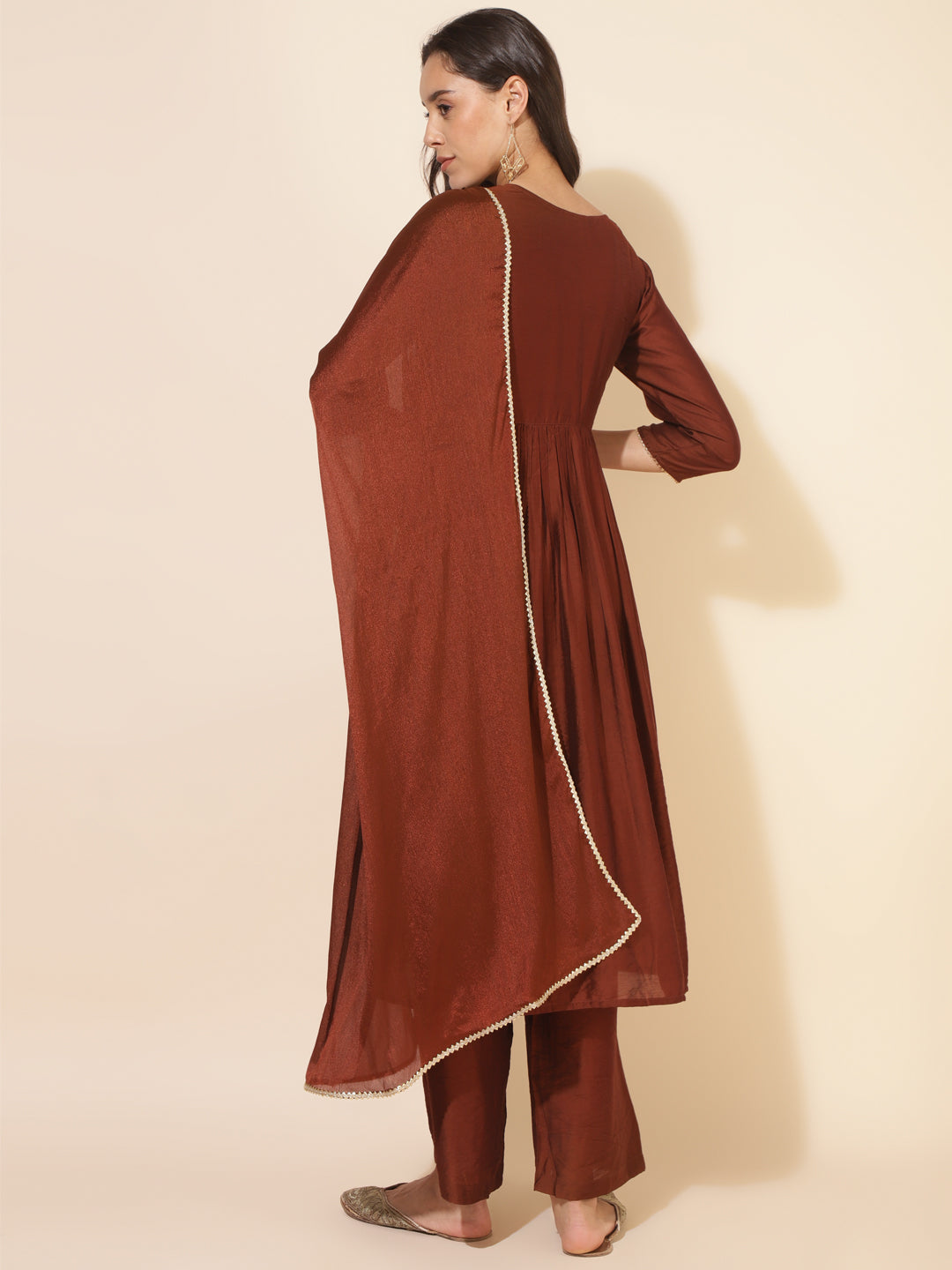 Brown Chanderi Embellished Kurta Palazzo Set  - By Janasya